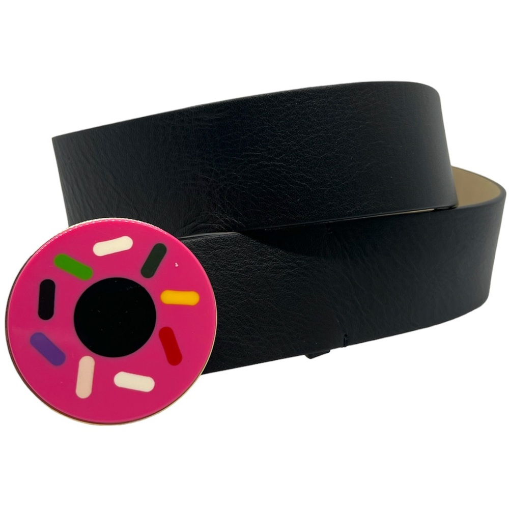 KSNY X DARCEL, Kate Spade Donut BELT! Large 42” Black Real Leather Italy, RARE